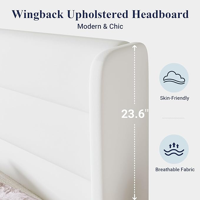 Allewie King Size Platform Bed Frame with Velvet Upholstered Wingback Headboard, No Box Spring Needed, Under Bed Storage Space, Strong Wooden Slats, Modern Mattress Foundation, Easy Assembly, White