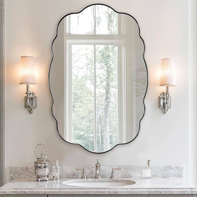 ANDY STAR Brushed Nickel Bathroom Mirror, 24x36 Inch Silver Asymmetrical Wall Mirror, Oval Bathroom Vanity Mirror, Unique Irregular Wall Mirror with Sophisticated Curved Design