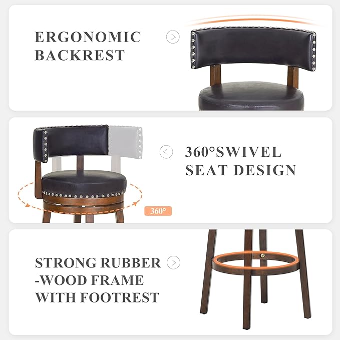 COLAMY Swivel Bar Stools Set of 2, 30 Inch Swivel Bar Height Bar Stools, Wood Swivel Barstools with Back, Modern Upholstered Wooden Barstools for Kitchen Island Dining Room Bar, Dark Brown
