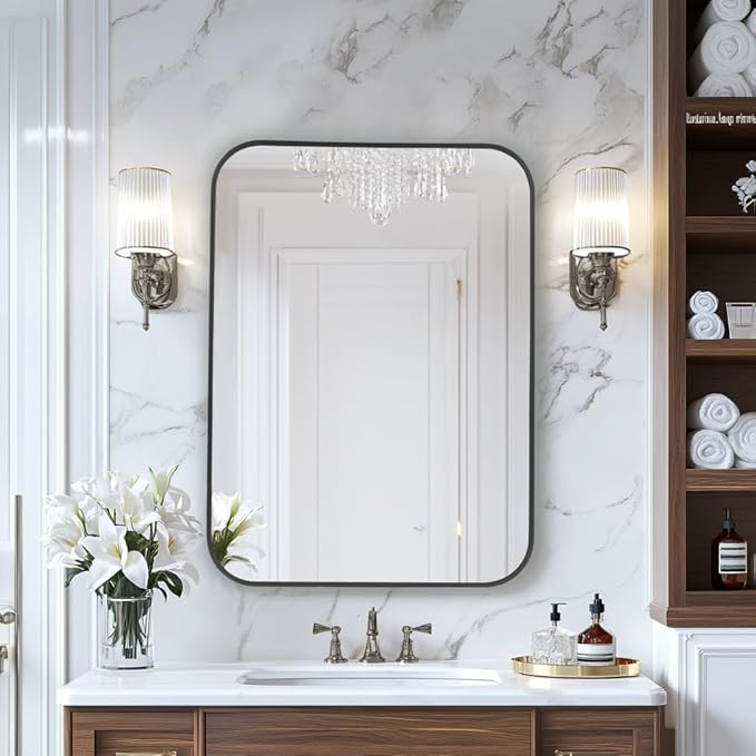 MZON 24x32 Inch Matte Black Bathroom Mirror, Rectangle Wall Mirror for Bathroom, Anti-Rust Frame & Tempered Glass, Hangs Horizontally/Vertically - Farmhouse, or Modern Bathroom Decor