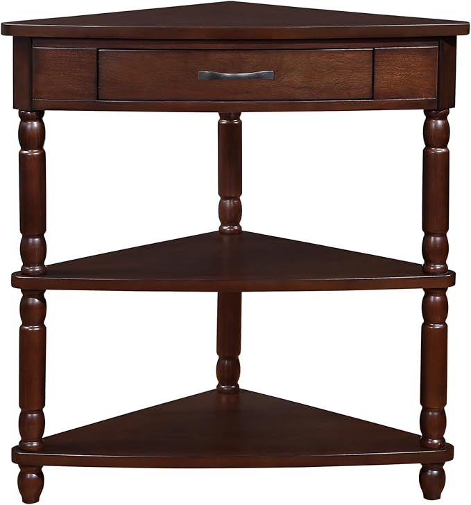 GDFStudio Trmxmbi 3 Tier Corner Console Table with 1 Storage Drawers and Shelves, 33.8'' Rustic Wood Triangle Sofa End Table for Small Spaces, Solid Wood Legs, Light Espresso