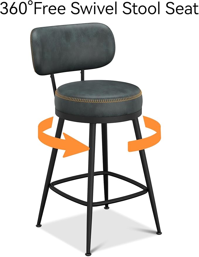 Counter Height Bar Stools, 26" H Swivel Barstools Set of 6, Faux Leather Kitchen Counter Stools with Back and Stylish Stitching, Metal Frame, Pub, Home Bar, Balck Green