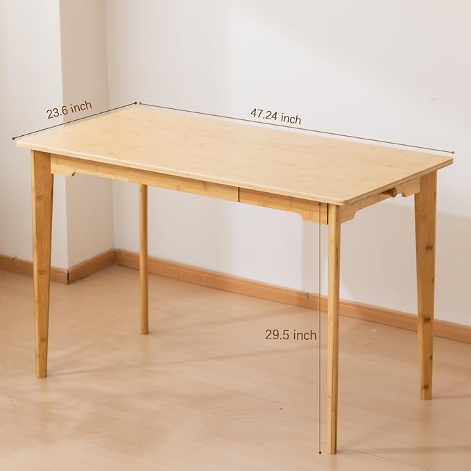Maydear 47" Bamboo Multipurpose Study Writing Desk with Drawer, Modern Simple Computer & Laptop Table Dining Table for Bedroom, Living Room, Home and Office, Kitchen, Natural