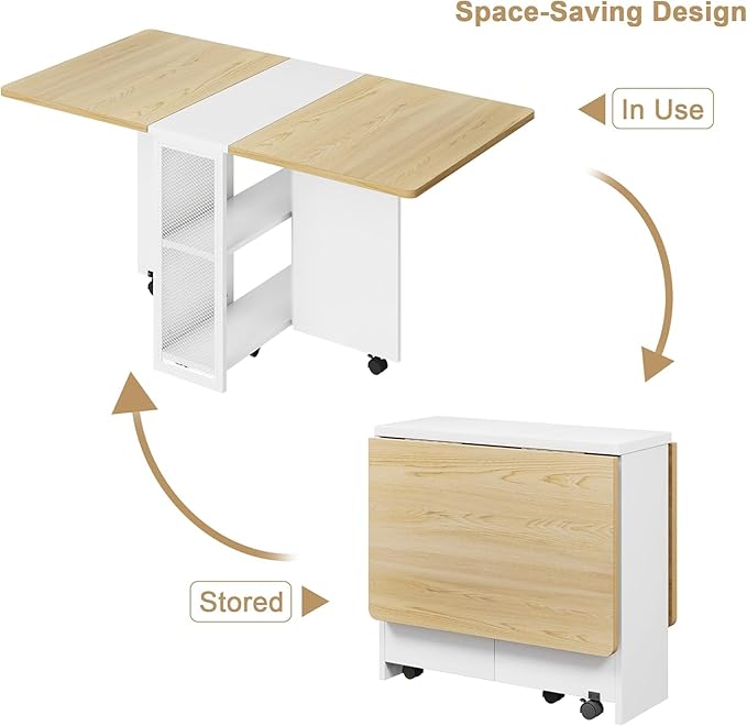 IDEALHOUSE Folding Dining Table, Drop Leaf Dining Table with 6 Wheels and 2-Layer Storage Shelf, Space Saving Dining Table for Small Spaces (Natural Wood, 50.1" D x 31.4" W x 29.5" H)