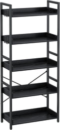 Rolanstar Bookshelf 5 Tier with 4 Hooks, Industrial Wood Bookcase, Vintage Storage Rack with Open Shelves, Rustic Standing Bookshelves Metal Frame Display Rack for Living Room, Bedroom, Black