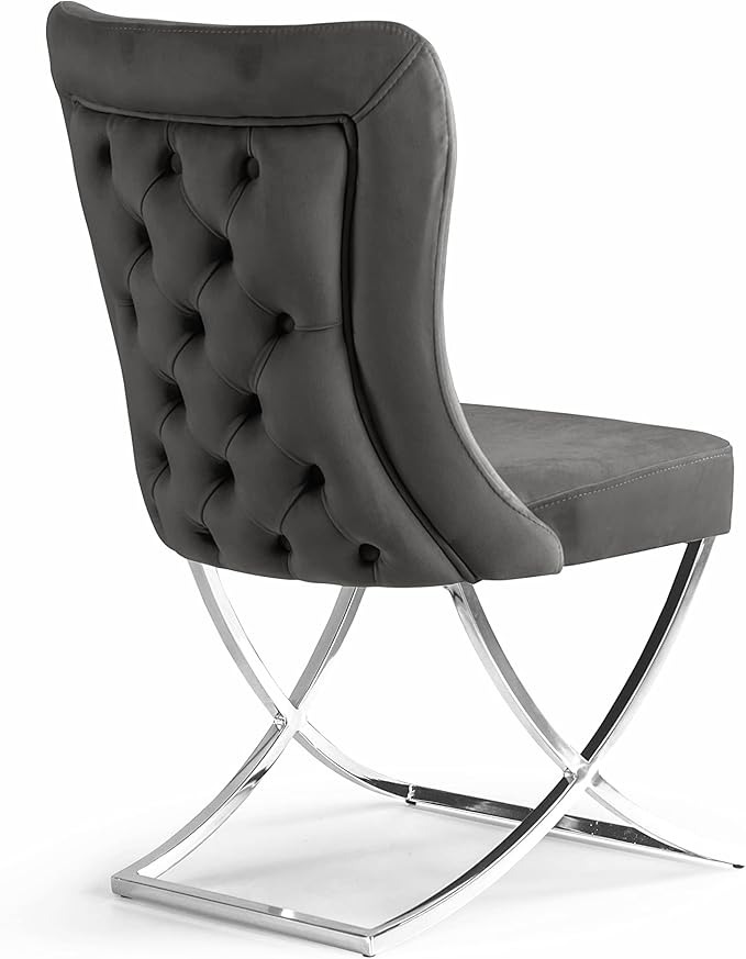 Ottomanson Royal Dining Chairs Set of 2 – Upholstered Tufted Microfiber, Assembled, Silver Metal Legs, Beech Wood Frame, 350 lb Capacity, Gray