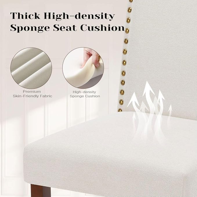 Kitchen Chairs Set of 6 Modern Upholstered Fabric Seat with Nailhead Trim and Ergonomic Lumbar Support for Living Room and Rustic Farmhouse Dining Area, Beige