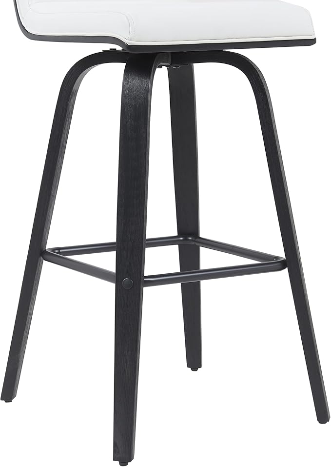 Armen Living Vienna Modern Swivel 30" Bar Height Barstool with White Faux Leather and Black Wood Finish