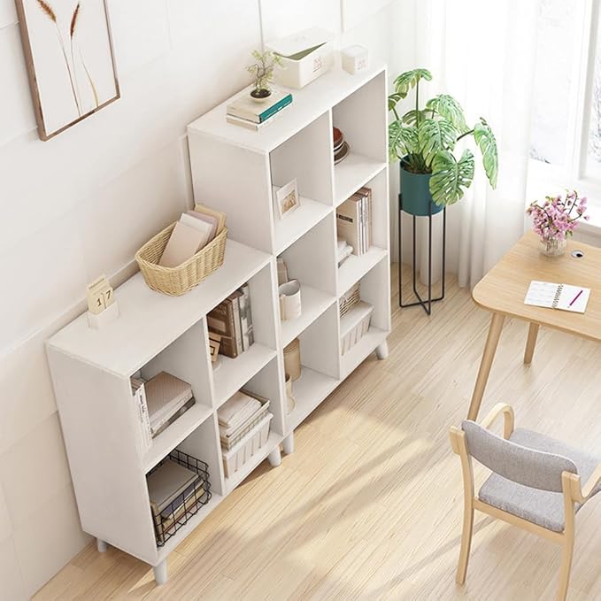 IOTXY Open Cube Low Bookcase - 3-Tier Freestanding Storage Display Cabinet Organizer with Legs for Home Office, 7-Cubes Open Shelf Short Bookshelf, White