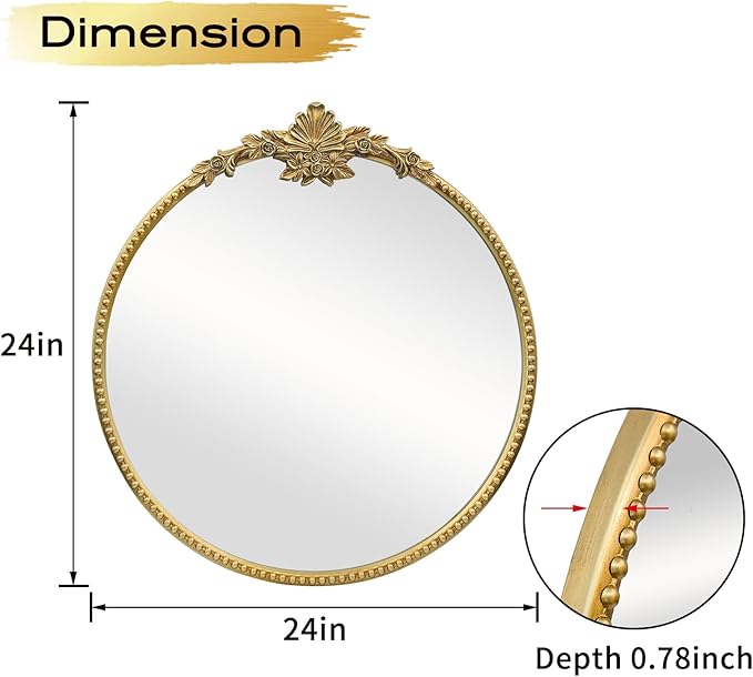 Round Gold Mirror,24inch Baroque Style Vintage Decorative Circle Wall Mirror for Living Room, Bedroom, Bathroom, and Entryway,Antique Gold