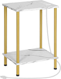 HOOBRO Side Table with Charging Station, End Table with USB Port and Outlet, Nightstand with 2-Layer Storage Shelves for Small Spaces, Living Room, Bedroom, Stable Frame, Gold and Marble DM09UBZ01