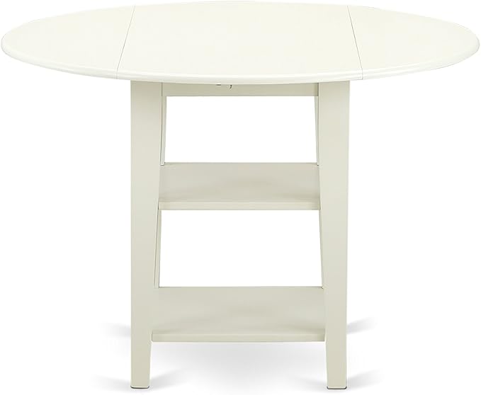 East West Furniture SUAD5-LWH-LC 5 Piece Dining Room Furniture Set Includes a Round Kitchen Table with Dropleaf & Shelves and 4 Faux Leather Upholstered Chairs, 42x42 Inch, Linen White