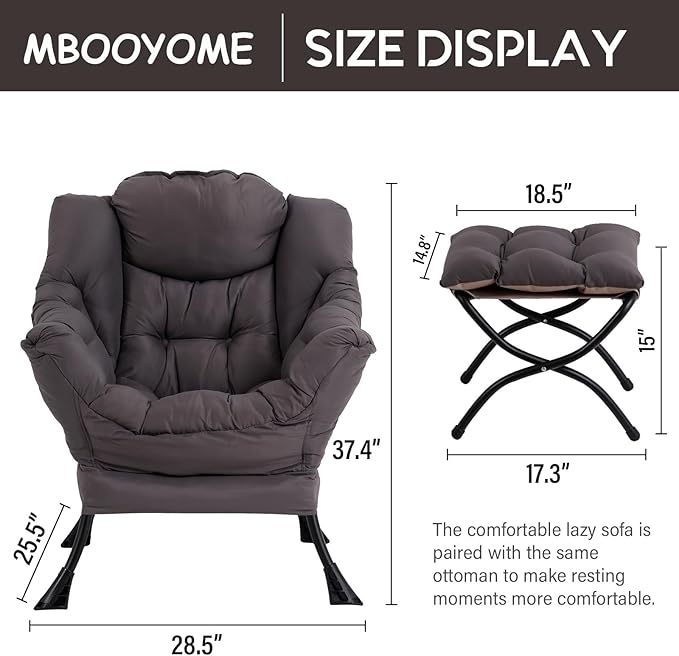 Lazy Chair with Folding Ottoman, Modern Accent Lounge Armchair with Armrests and a Side Pocket & Foldable Footstool, Leisure Reading Chair for Living Room, Bedroom, Dorm & Office, Dark Grey