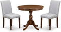 East West Furniture AMAB3-AWA-05 3 Piece Kitchen Table Set for Small Spaces Contains a Round Dining Room Table with Pedestal and 2 Grey Linen Fabric Parsons Chairs, 36x36 Inch, Walnut