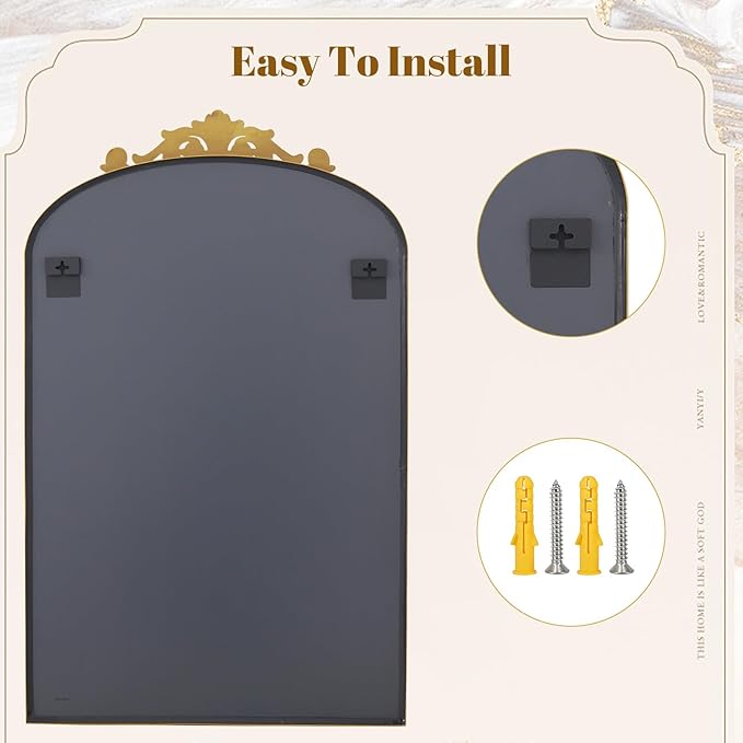 Vintage Arched Bathroom Mirror, 24x36 Inch Retro Wall Mounted Vanity Mirror with Carved Pattern Top and Metal Frame, Gold Decorative Mirror for Hanging or Leaning