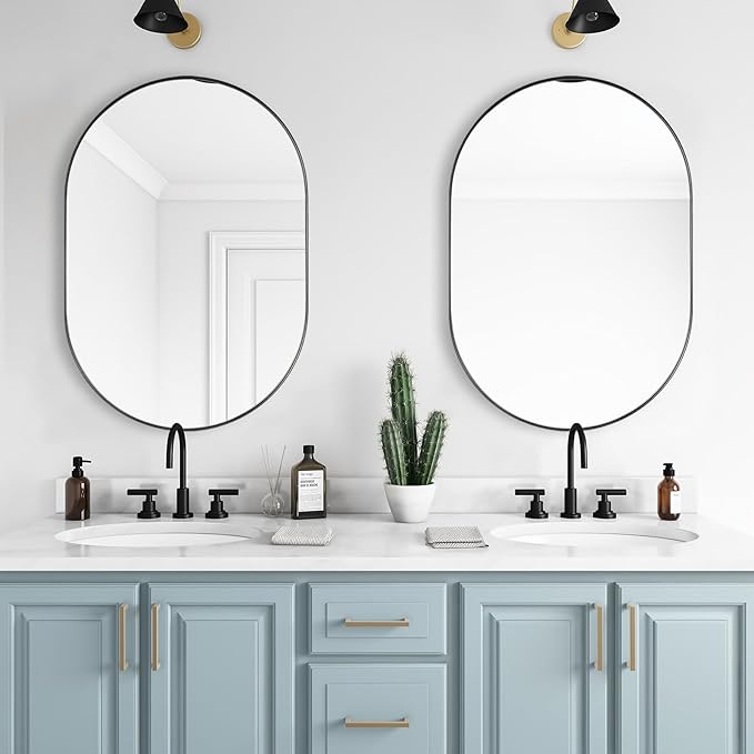 ANDY STAR Black Oval Mirror, 24x36 Oval Black Mirror in Stainless Steel Metal Frame for Bathroom, Entryway, Living Room, Contemporary 1" Deep Set Design Wall Mount Hangs Vertical or Horizontal
