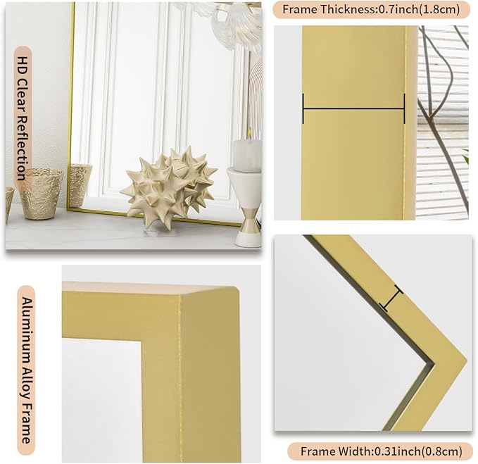 Koonmi Gold Rectangle Wall Mirror, 24x32 Inch Bathroom Mirror, Aluminum Frame Vanity Mirror for Entryway, Living Room, Bedroom Bathroom, Hangs Horizontally or Vertically