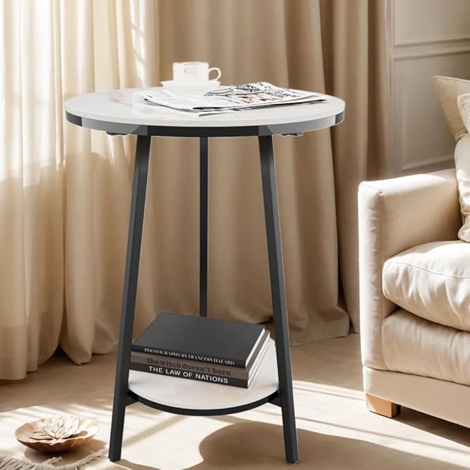 Side Table - Sintered Stone End Couch Table with Metal Frame & Gold Veins for Sofa Living Room Bedroom Bedside Coffee Small Spaces - Waterproof, Scratch-Resistant - Easy Assembly