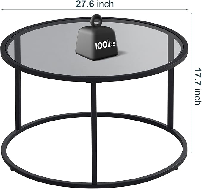 SAYGOER Round Coffee Table Glass Coffee Tables for Small Space Simple Modern Center Table for Living Room Home Office, Sofa Side Table with Metal Steel Frame, Easy Assembly, Gray Black