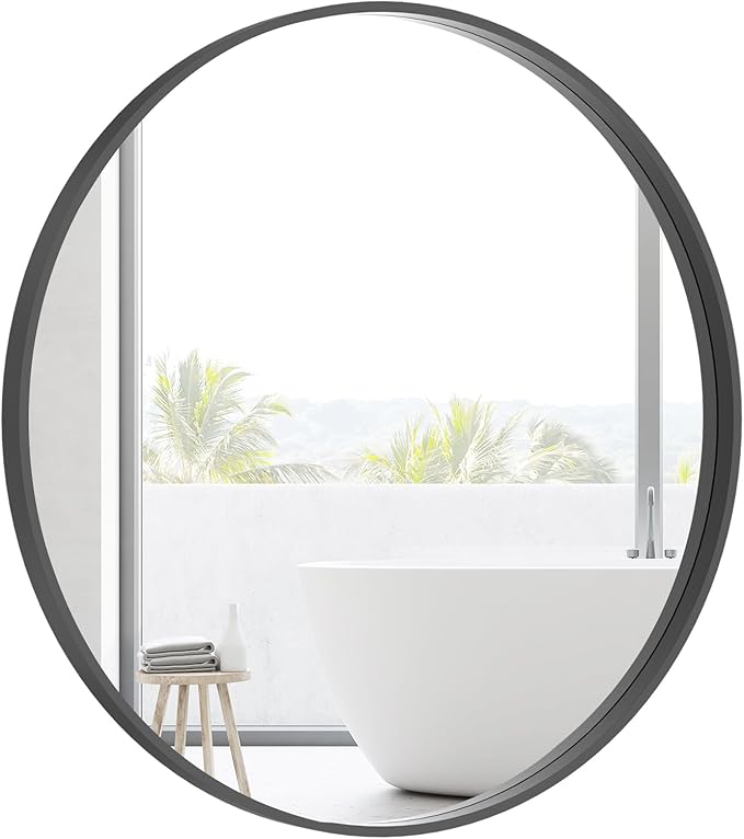 HOMECOOKIN Round Wood Mirror, 31" Round Bathroom Wall Mirror Circle Mirrors for Wall Decor, Vanity, Living Room, Bedroom, Entryway, Black