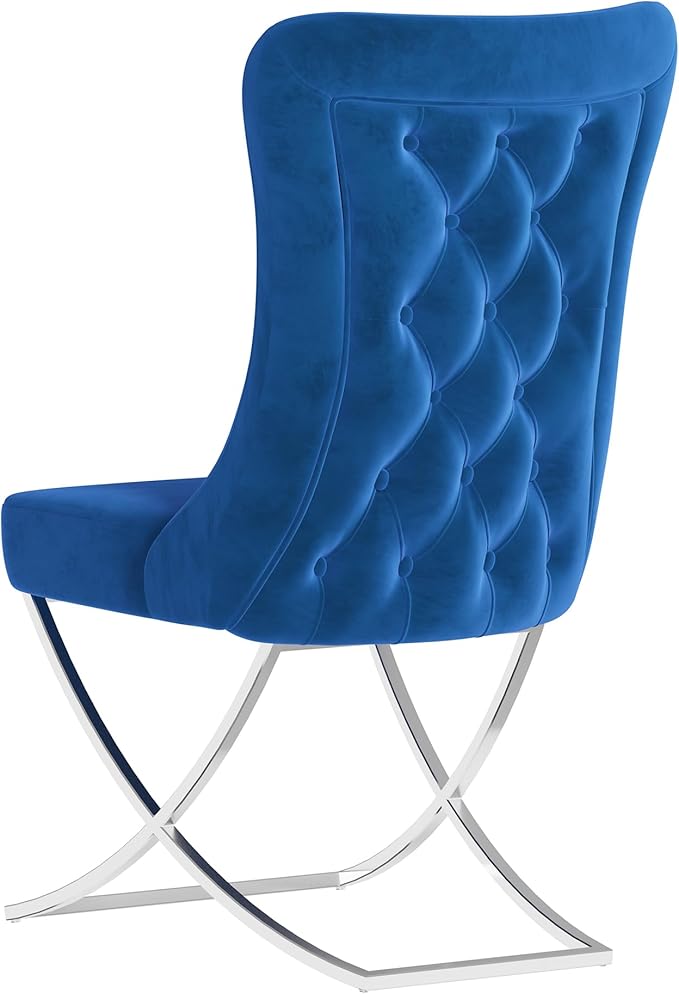 Ottomanson Royal Dining Chairs Set of 8 – Upholstered Tufted Microfiber, Assembled, Silver Metal Legs, Beech Wood Frame, 350 lb Capacity, Blue