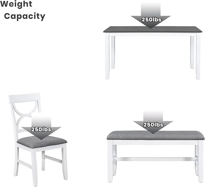 Ball & Cast 6 Piece Wood Dining Table Set,Kitchen Table Set with Upholstered Bench and 4 Dining Chairs,Farmhouse Living Room Furniture w/Carved Legs & Round Backrest,for Dining Room,Gray+White