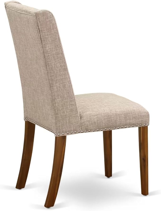 NEFL7-AWA-04-7-Piece Dining Table Set Includes a Rectangular Table and 6 Light Tan Linen Fabric Kitchen Chairs with Padded Chair Back - Antique Walnut Finish.