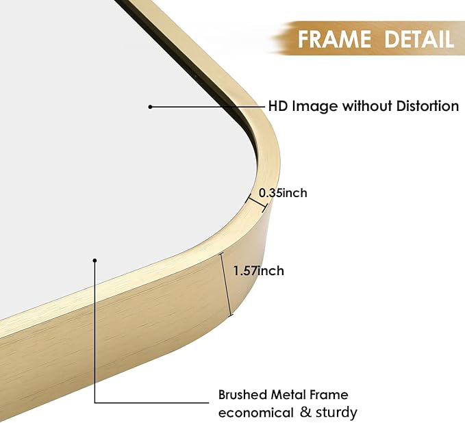 24x36 Inch Gold Bathroom Mirror, Brushed Gold Metal Framed Rectangular Mirror with Rounded Corner, Wall Mounted Vanity Mirror for Bedroom or Living Room, Horizontal/Vertical