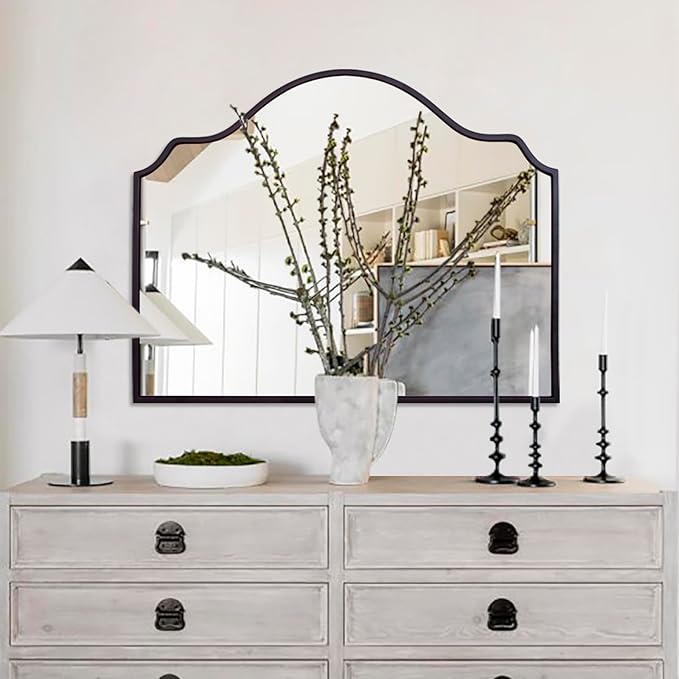 Chende Black Wall Mirror, Antique Arched Mirror for Fireplace Decor with Wooden Frame, 40'' x 28'' Elegant Scalloped Mirror for Living Room, Dining Room, Entryway