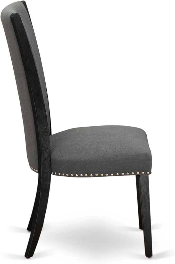 X07VE-B06-50 - 9-Pc Dining Room Table Set a Rectangular Dining Table and wooden Benches and 7 Dark Gotham Grey Linen Fabric Dining Chair, 39x120 Inch, Wire Brushed Black