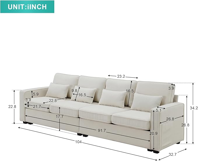 104" 4-Seater Modern Linen Fabric Sofa with Armrest Pockets,Minimalist Style Wood Frame Couch,w/ 4 Pillows,for Living Room,Apartment,Office,Beige