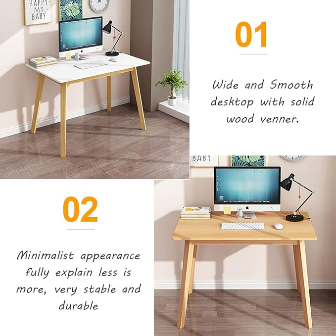 IOTXY Simple Wooden Writing Desk - Modern Minimalist Style PC Laptop Computer Workbench with Solid Wood Legs, 55" W Home Office Work Table for TV Stand Music Video Live Broadcast Workstation, White