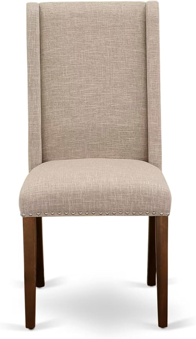 NKFL7-AWA-04-7-Piece Dining Table Set Consists of a Breakfast Table and 6 Light Tan Linen Fabric Dining Chairs with Padded Chair Back - Antique Walnut Finish.