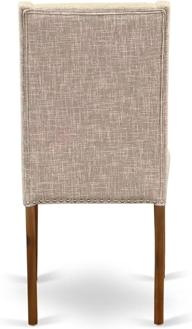 NEFL7-AWA-04-7-Piece Dining Table Set Includes a Rectangular Table and 6 Light Tan Linen Fabric Kitchen Chairs with Padded Chair Back - Antique Walnut Finish.