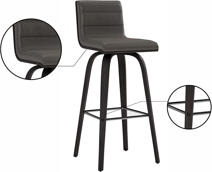 Armen Living size color options Vienna 30" Bar Height Barstool Brushed Wood Finish Faux Leather, Grey/Black