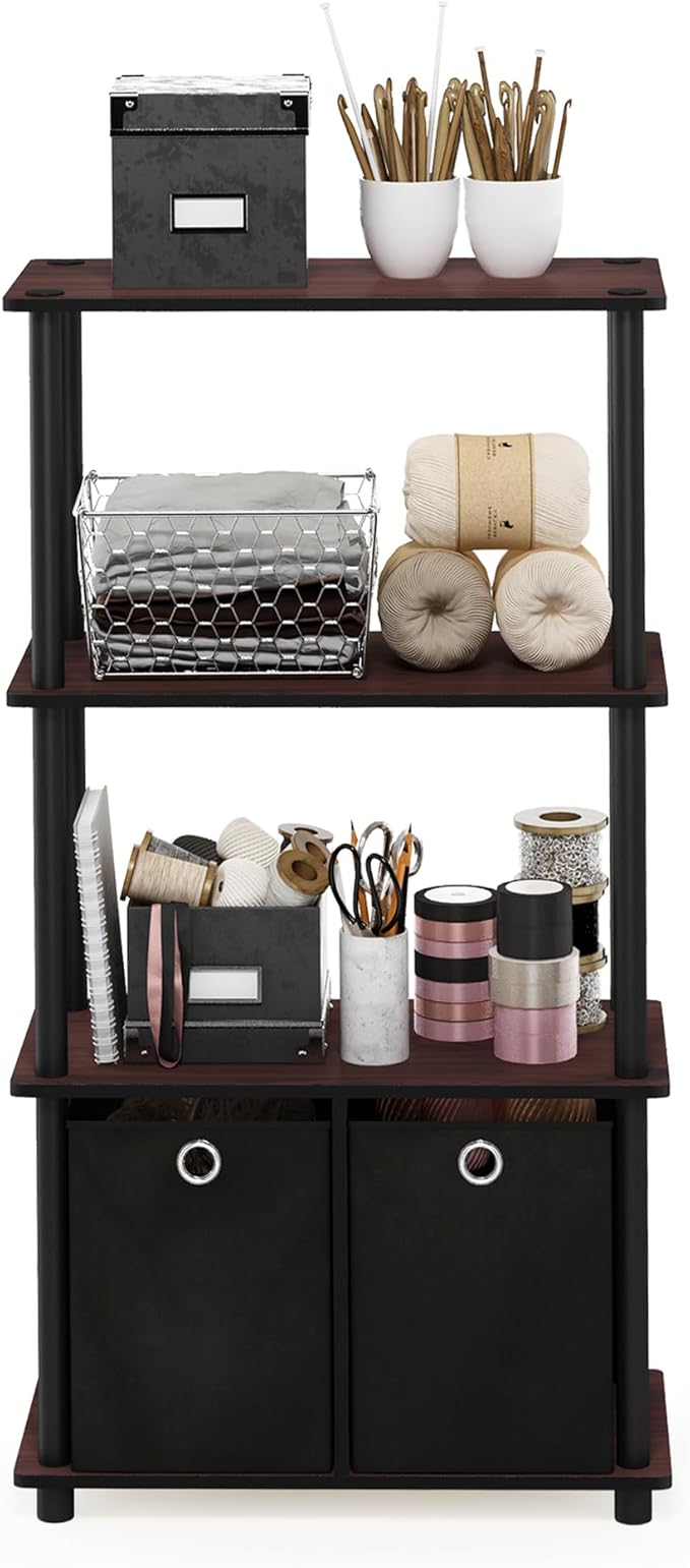 Furinno Go Green 4-Tier Multipurpose Storage Shelf with Bins, Set of 2, Dark Cherry