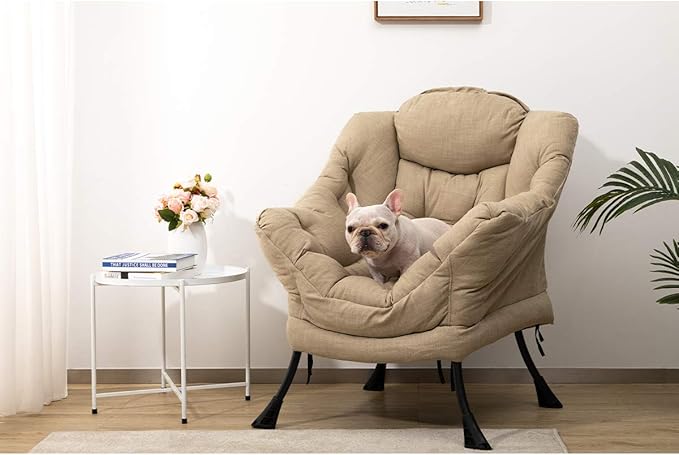 HollyHOME Modern Fabric Large Lazy Chair, Accent Oversized Comfy Reading Chair, Thick Padded Cozy Lounge Chair with Armrest, Leisure Sofa Chair for Living Room, Bedroom, Dorm, Coffee&White