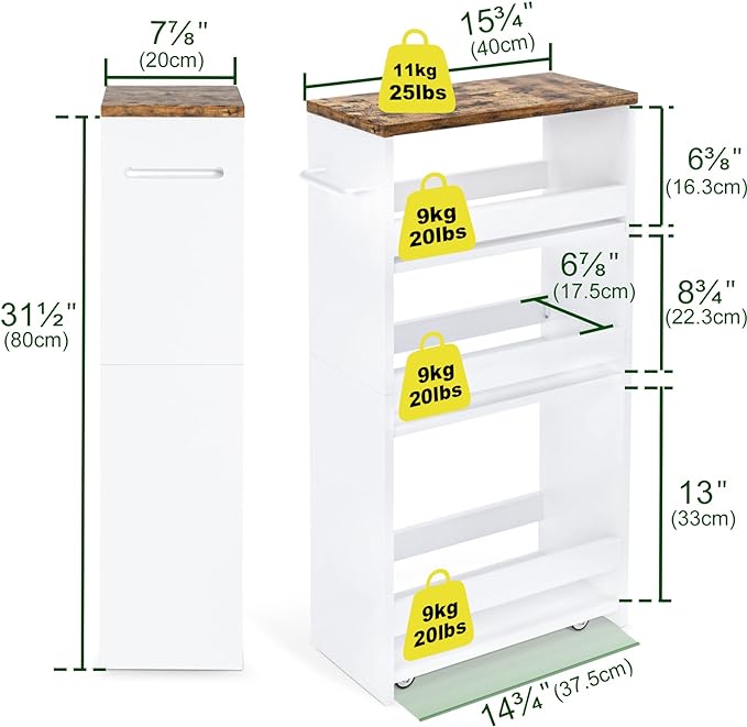 TEAMIX 4 Tier White Slim Storage Cart with Handle, 7.9''W Slide Out Storage Rolling Utility Cart Mobile Shelving Unit Organizer Trolley for Small Spaces Kitchen Laundry Narrow Places