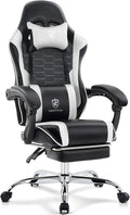 Gaming Chair,Computer Office Chair with Footrest,Massage Lumbar Support and Gel Pad,Ergonomic Reclining Adjustable Leather Gamer Chair with Headrest and Spring Cushion Black White