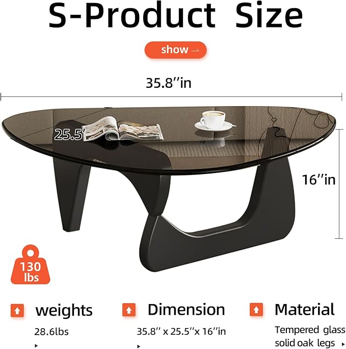 Mid Century Modern Glass Coffee Table for Living Room, Small Coffee Tables, Suitable for Bedroom Living Room Reception Office Tables（Black/Grey，Medium）