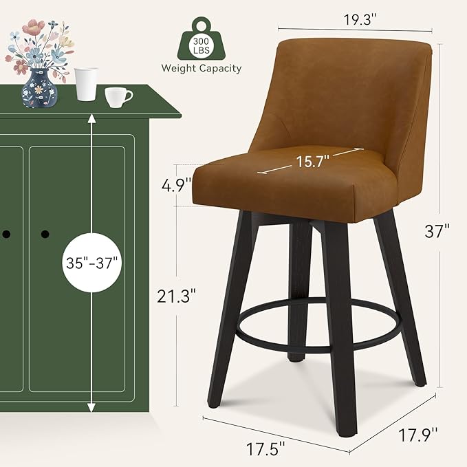 Vipbear Swivel Counter Height Bar Stools Set of 3,26.8" H Counter Stools with Back, Mid Century Modern Bar Stools for Kitchen Island,Faux Leather,Wooden Base, Brown