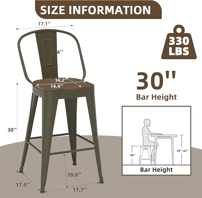 30” Swivel Bar Stools Set of 4, Counter Height Bar Stools Wooden Seat, Metal Industrial Bar Chairs with High Back for Kitchen Island (Rusty)