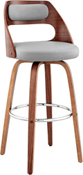 Armen Living Julius Mid Century Modern Swivel Bar Stool for Kitchen Island Counter in Gray Faux Leather and Walnut Wood, 26" Seat Height