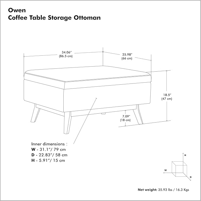 SIMPLIHOME Owen 34 inch Wide Mid Century Modern Rectangle Coffee Table Storage Ottoman in Slate Grey Linen Look Fabric, Assembled, For the Living Room, Entryway and Family Room