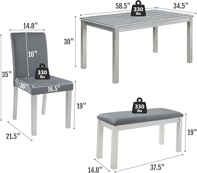 6-Piece Solid Wood Dining Table Set, Including 1 Dining Table, 4 Upholstered Chairs and 1 Bench, Wooden Dining Table Set with Crystal Decoration for Kitchen, Dining Room, Silver Grey