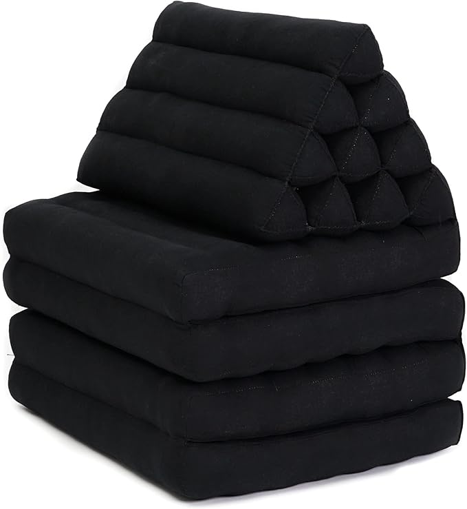 Leewadee Comfortable Japanese Floor Mattress - Thai Floor Bed with Triangle Cushion - Futon Mattress - XL Extra Long Thai Massage Mat, 89 x 20 inches, Black, Kapok Filling