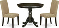 East West Furniture ANDR3-CAP-03 3 Piece Dining Room Table Set Contains a Round Kitchen Table with Pedestal and 2 Brown Linen Fabric Parsons Dining Chairs, 36x36 Inch, Cappuccino