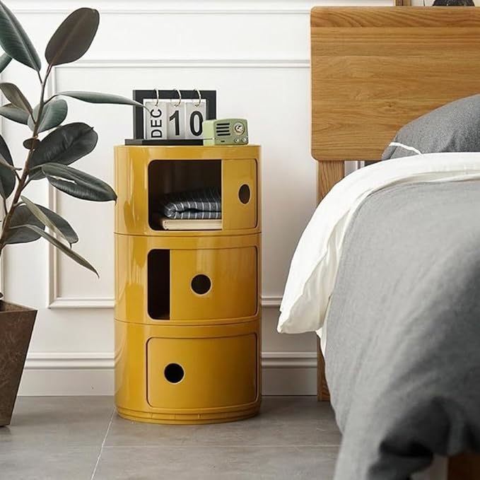 COZYMATIC 3 Tier Round Nightstand with Storage, Modern Style Side Table, Small Cupboard Cabinet with 3 Drawers for Living Room, Bedroom, Bathroom, Narrow Space, Yellow, Pink (Yellow)
