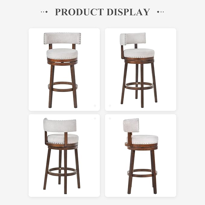 COLAMY Swivel Bar Stools Set of 3, Swivel Counter Height Barstools with Back, 30 Inch Modern Upholstered Bar Stools for Kitchen Island Dining Room Bar, Beige