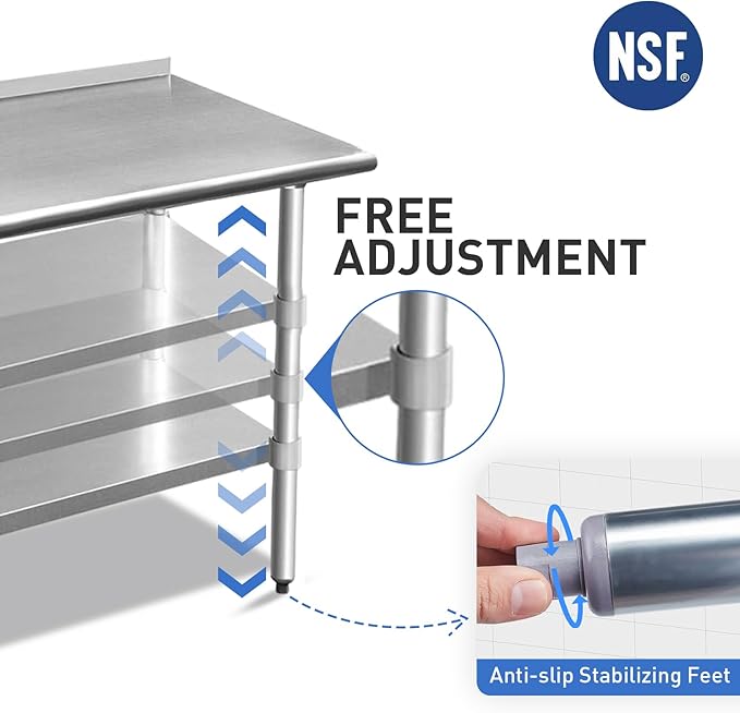 ROCKPOINT Stainless Steel Table for Prep & Work with Backsplash 24x72 Inches, NSF Metal Commercial Kitchen Table with Adjustable Under Shelf and Table Foot for Restaurant, Home and Hotel